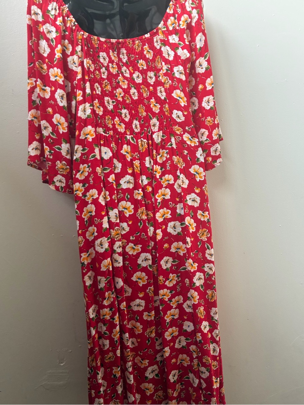 Red Floral Off-Shoulder Maxi Dress with Smocked Bodice